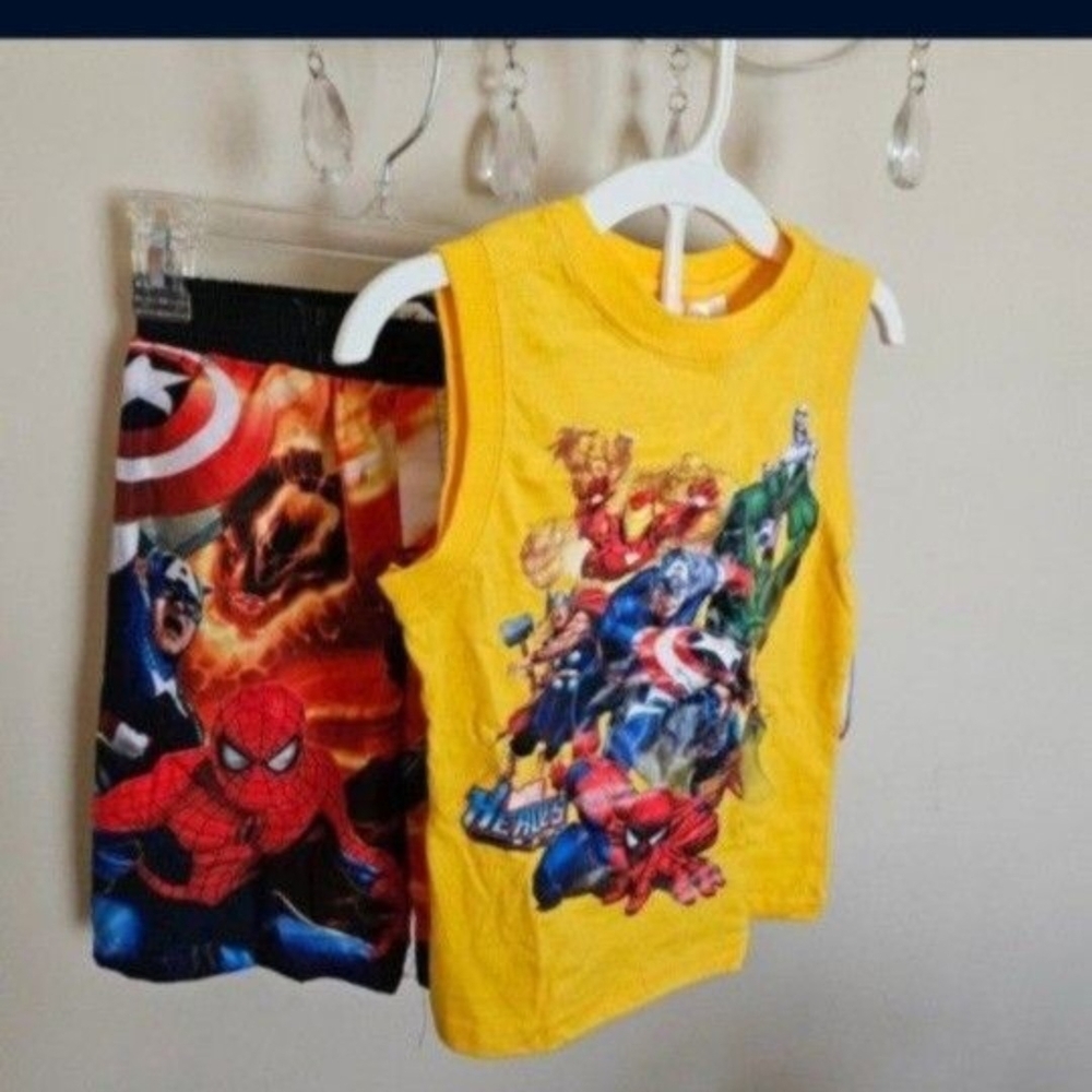 Vibrant Yellow Superhero Shirt And Short Swim Set with Marvel Graphics. Boys 5T